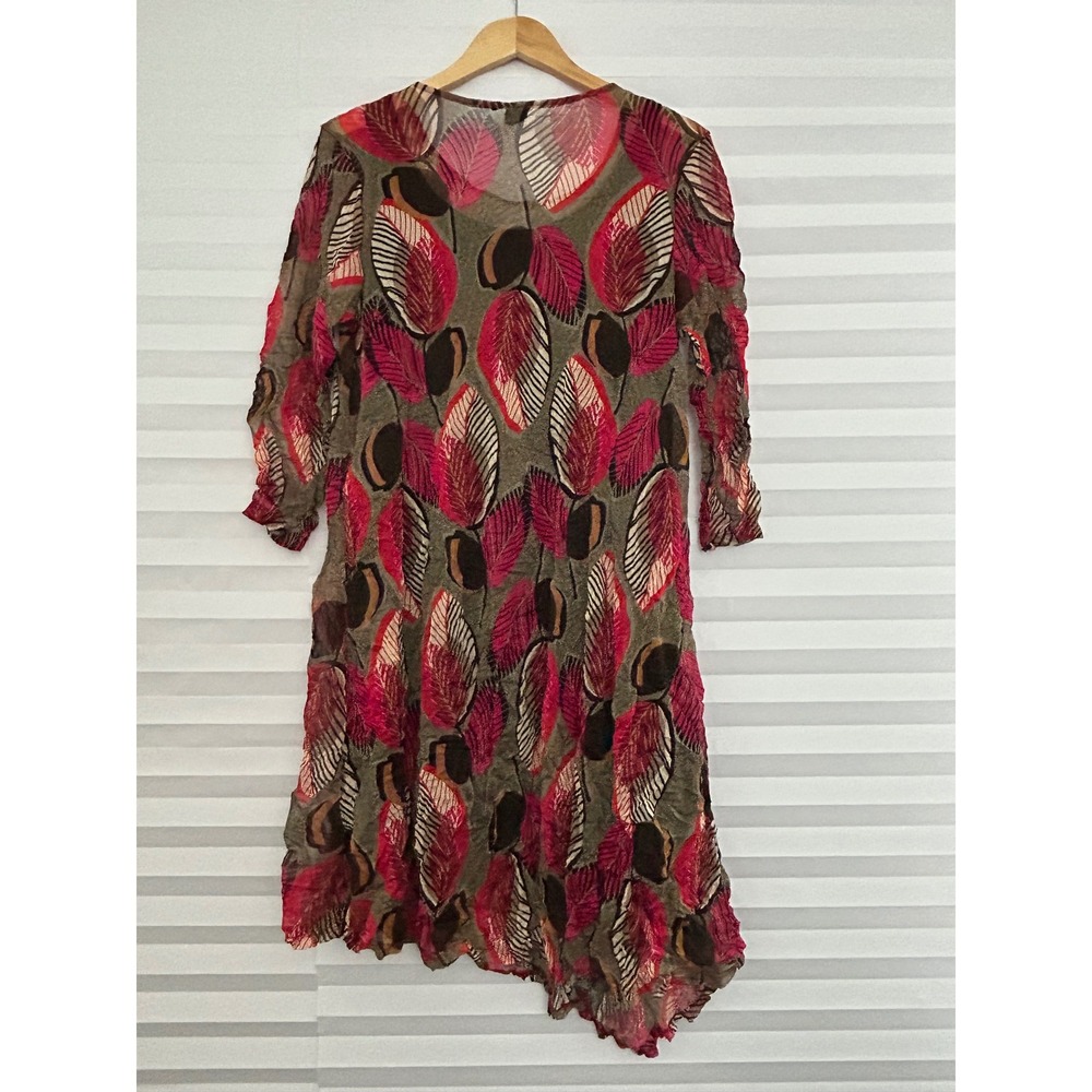Lisa Bayne Pink Brown Leaf Whimsy Crinkle Mesh Asymmetric Dress L Art to Wear